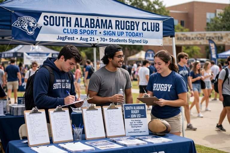 Illustration for the news story: South Alabama Rugby Club Draws More Than 70 Sign-Ups at JagFest