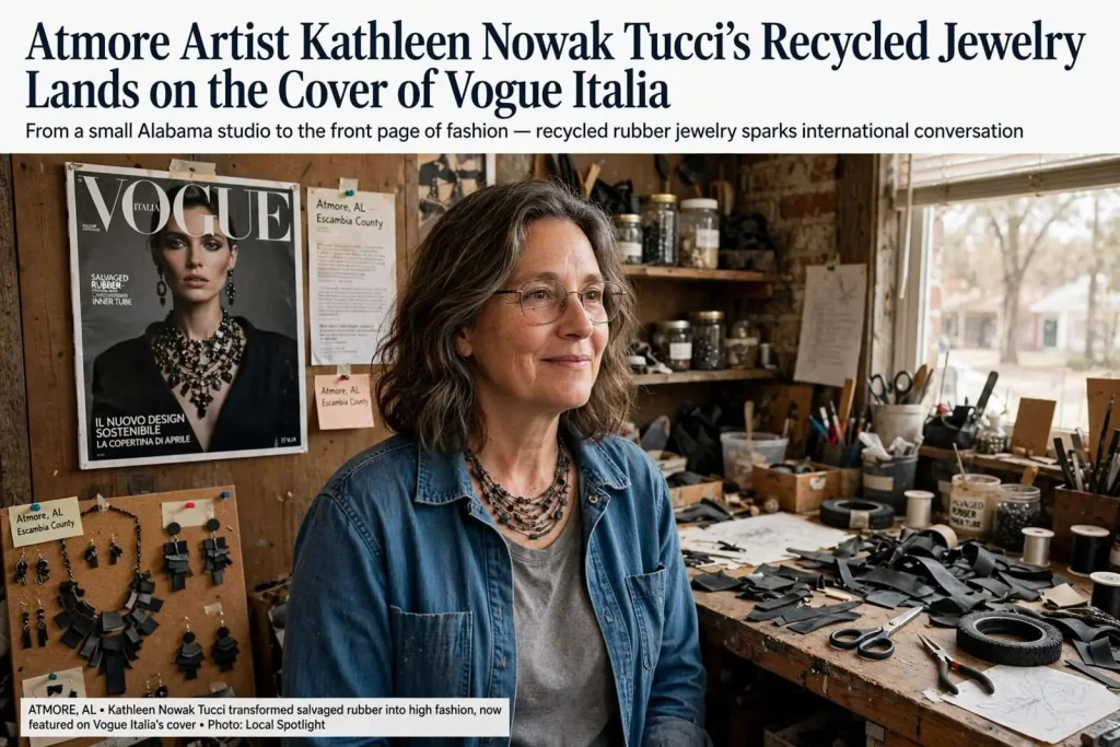 Illustration for the news story: Atmore Artist Kathleen Nowak Tucci’s Recycled Jewelry Lands on the Cover of Vogue Italia