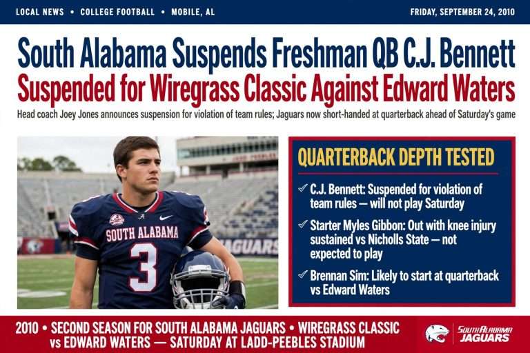 Illustration for the news story: South Alabama Suspends Freshman QB C.J. Bennett for Wiregrass Classic Against Edward Waters