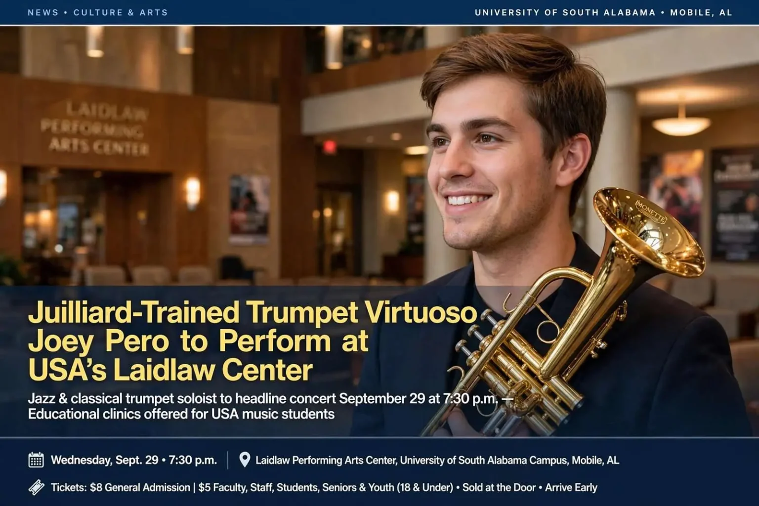 Illustration for the news story: Juilliard-Trained Trumpet Virtuoso Joey Pero to Perform at USA’s Laidlaw Center