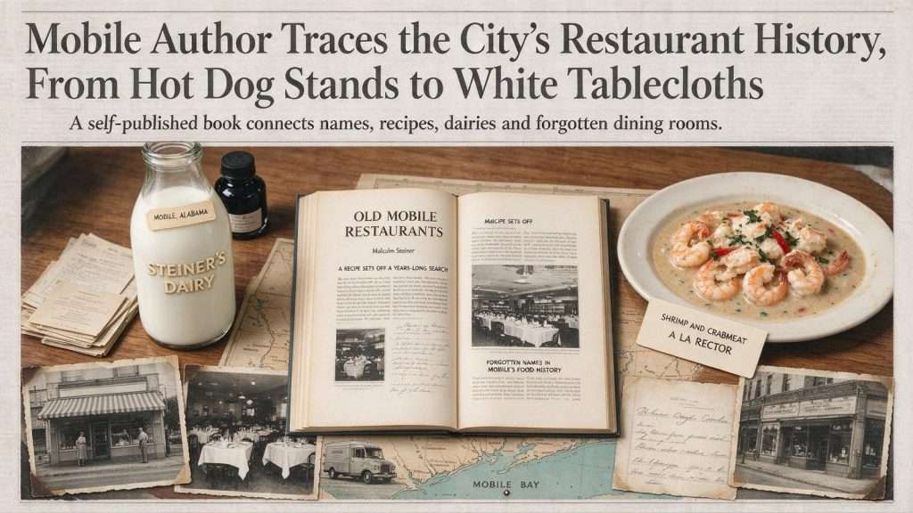Illustration for the news story: Mobile Author Traces the City’s Restaurant History, From Hot Dog Stands to White Tablecloths