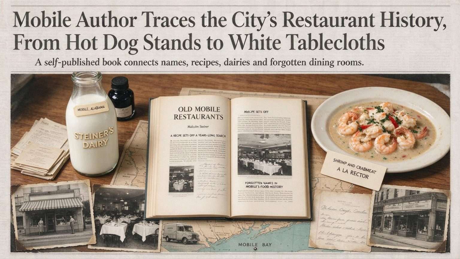 Illustration for the news story: Mobile Author Traces the City’s Restaurant History, From Hot Dog Stands to White Tablecloths