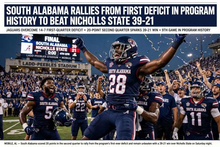 Illustration for the news story: South Alabama Rallies From First Deficit in Program History to Beat Nicholls State 39-21