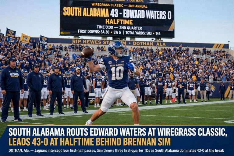 Illustration for the news story: South Alabama Routs Edward Waters at Wiregrass Classic, Leads 43-0 at Halftime Behind Brennan Sim