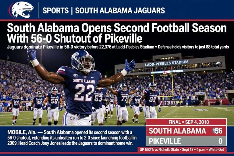 Illustration for the news story: South Alabama Opens Second Football Season With 56-0 Shutout of Pikeville
