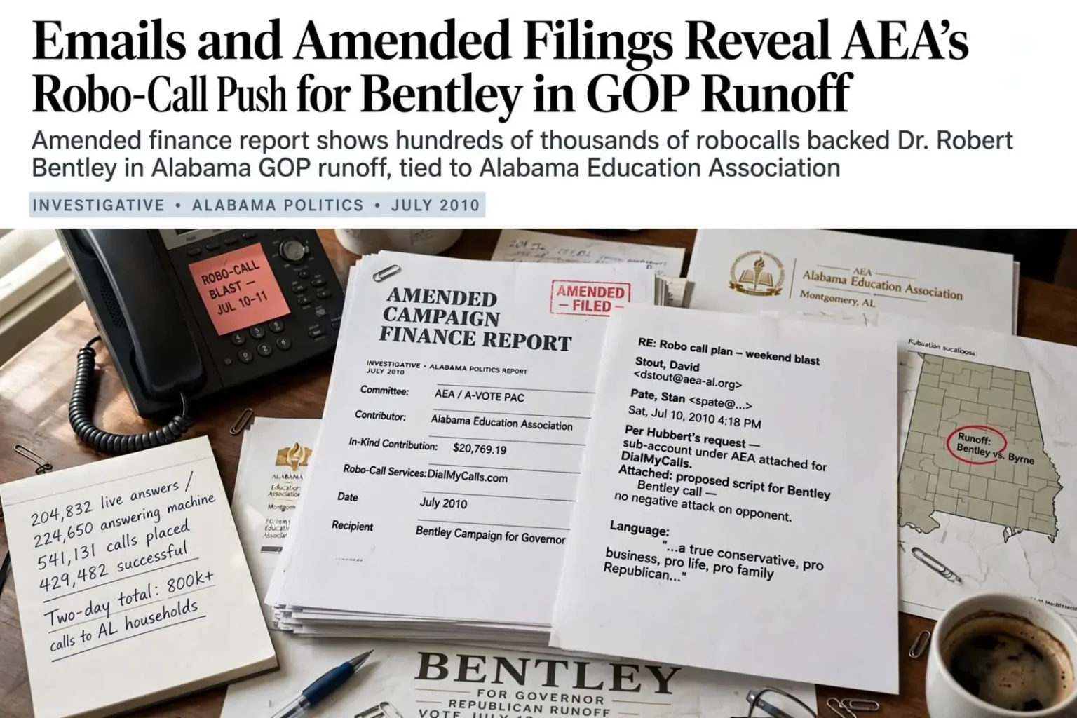 Illustration for the news story: Emails and Amended Filings Reveal AEA’s Robo-Call Push for Bentley in GOP Runoff