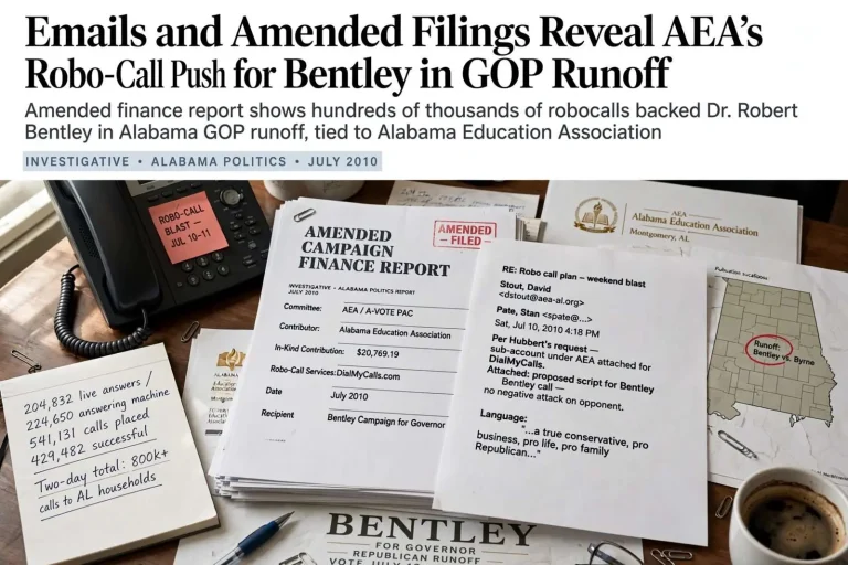Illustration for the news story: Emails and Amended Filings Reveal AEA’s Robo-Call Push for Bentley in GOP Runoff