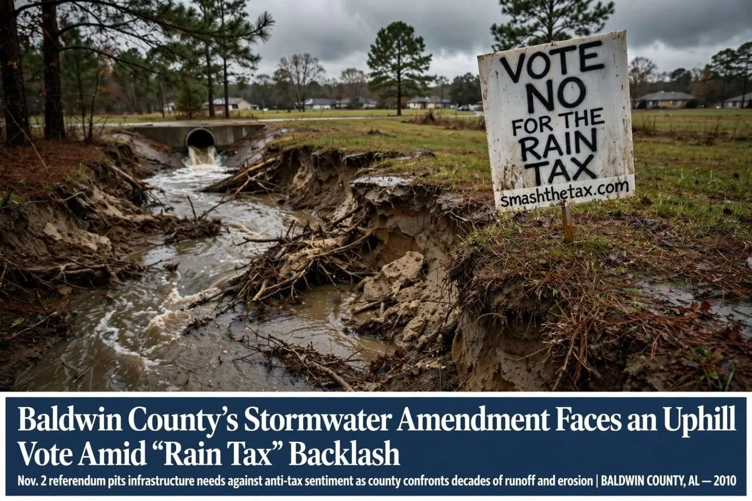 Illustration for the news story: Baldwin County’s Stormwater Amendment Faces an Uphill Vote Amid ‘Rain Tax’ Backlash