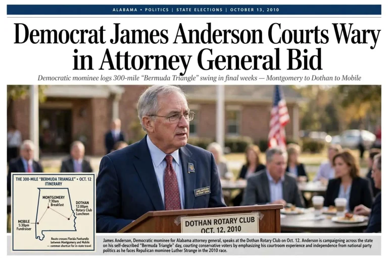 Illustration for the news story: Democrat James Anderson Courts Wary Conservatives in Attorney General Bid