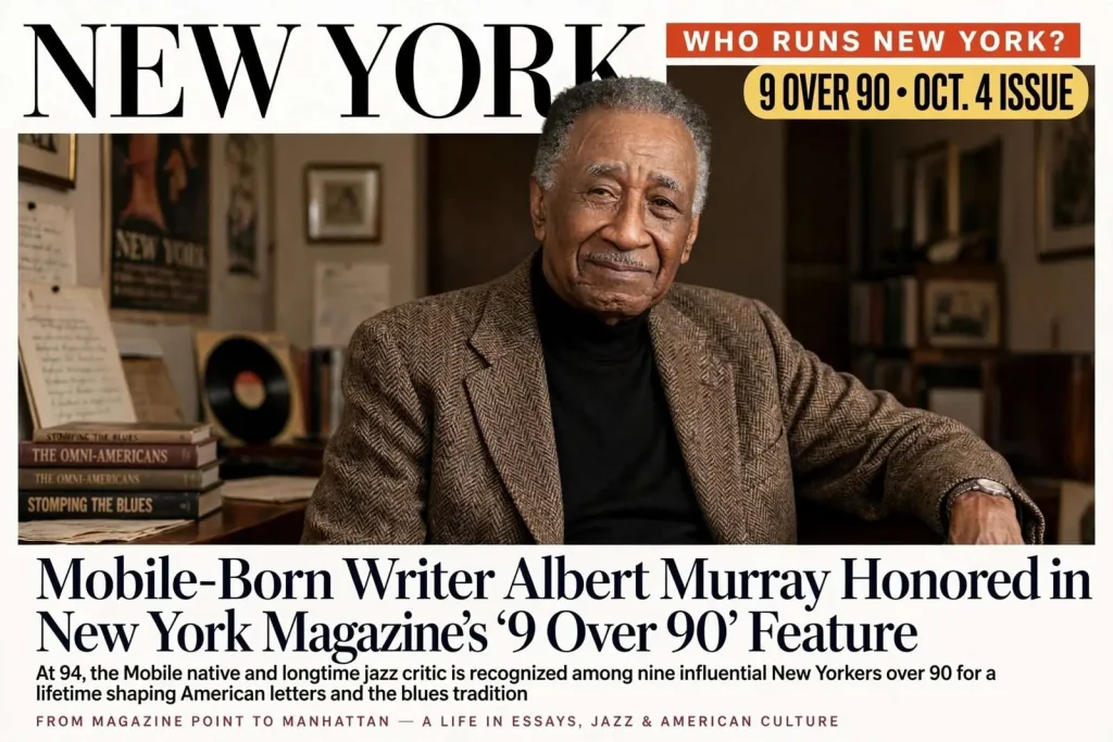 Illustration for the news story: Mobile-Born Writer Albert Murray Honored in New York Magazine’s ‘9 Over 90’ Feature
