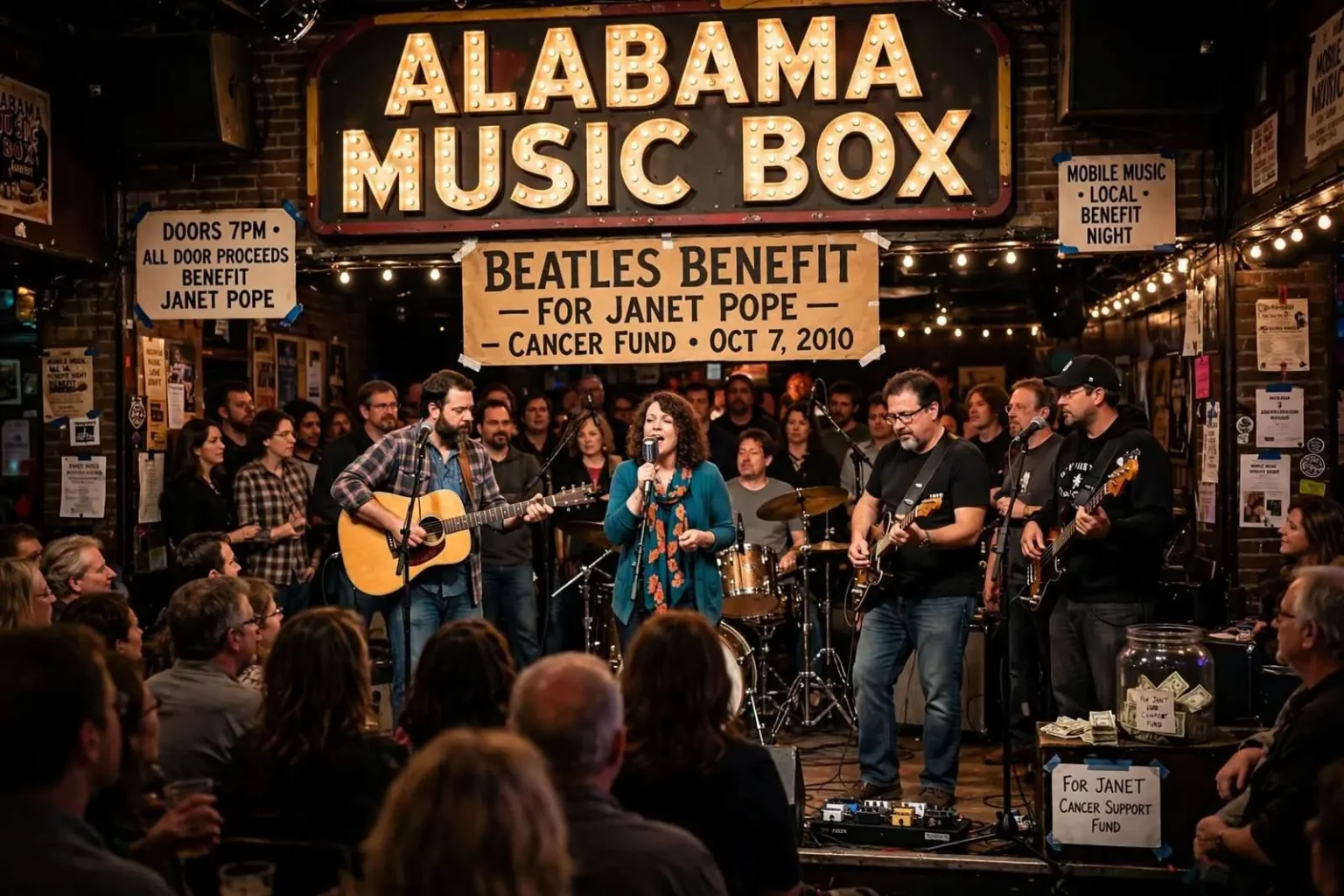 Illustration for the news story: Mobile Musicians Band Together for Beatles Benefit Honoring Janet Pope at Alabama Music Box