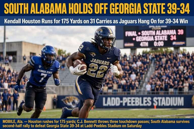 Illustration for the news story: South Alabama Holds Off Georgia State 39-34 as Kendall Houston Runs for 175 Yards