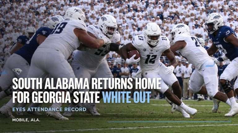 Illustration for the news story: South Alabama Returns Home for Georgia State White Out After Two Road Wins, Eyes Attendance Record