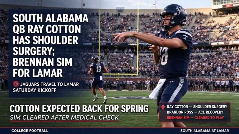 Illustration for the news story: South Alabama QB Ray Cotton Has Shoulder Surgery; Brennan Sim Cleared for Lamar