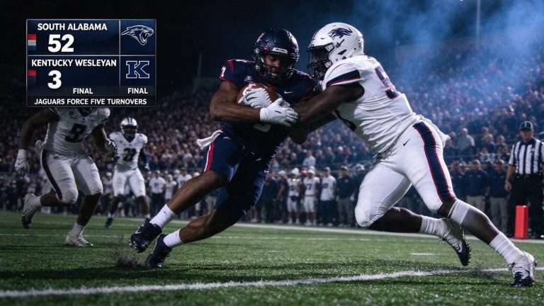 Illustration for the news story: South Alabama Forces Record-Tying Five Turnovers in 52-3 Win Over Kentucky Wesleyan