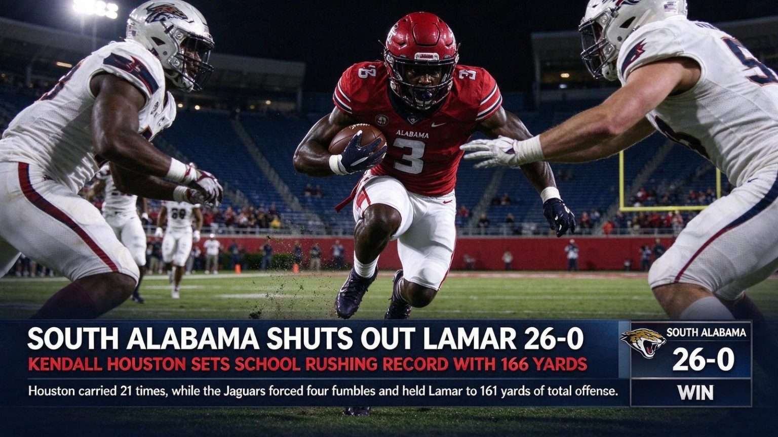 Illustration for the news story: South Alabama Shuts Out Lamar 26-0 as Kendall Houston Sets School Rushing Record With 166 Yards