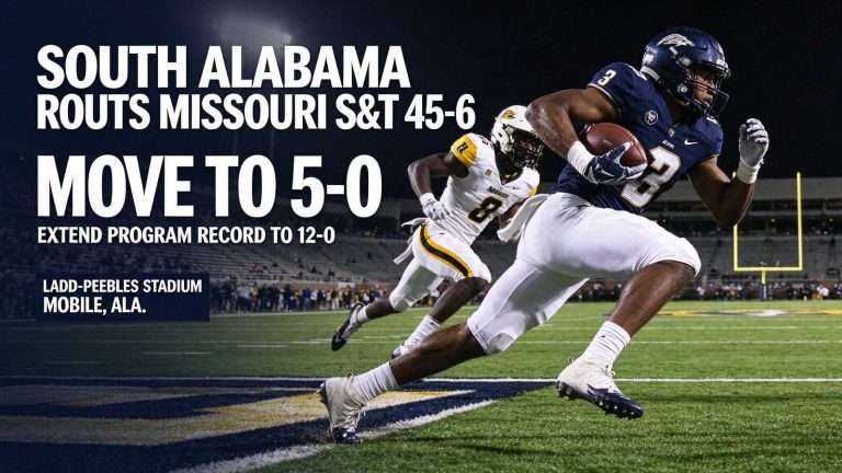 Illustration for the news story: South Alabama Routs Missouri S&T 45-6 to Move to 5-0, Extend Program Record to 12-0