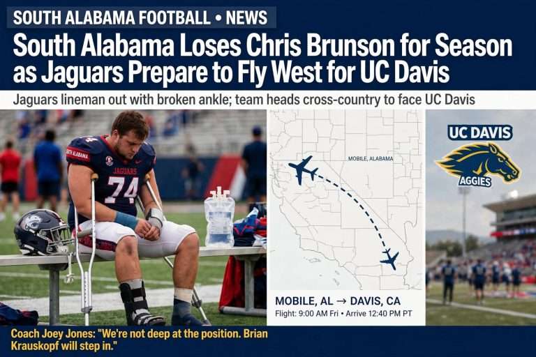 Illustration for the news story: South Alabama Loses Chris Brunson for Season as Jaguars Prepare to Fly West for UC Davis
