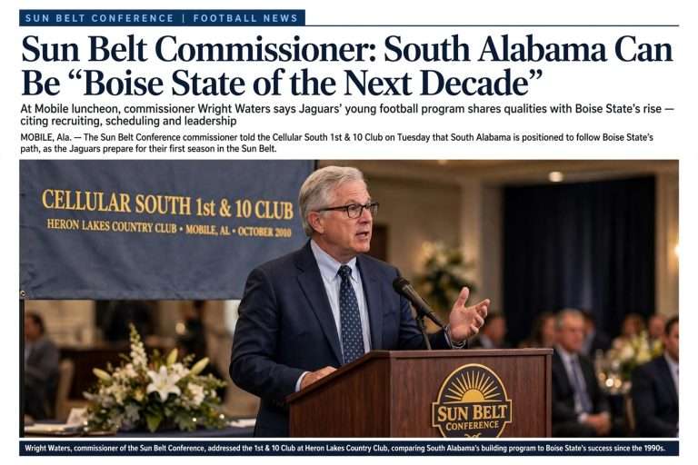 Illustration for the news story: Sun Belt Commissioner Wright Waters Says South Alabama Can Be ‘Boise State of the Next Decade’