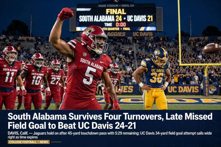 Illustration for the news story: South Alabama Survives Four Turnovers, Late Missed Field Goal to Beat UC Davis 24-21