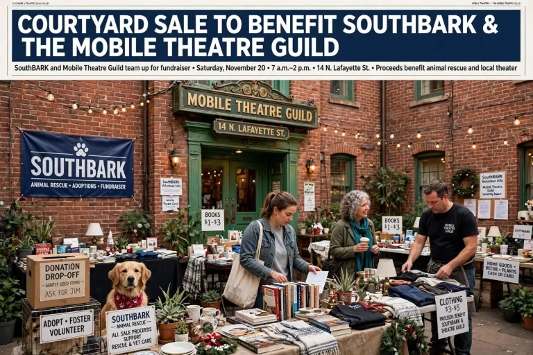 Illustration for the news story: Courtyard Sale to Benefit SouthBARK and the Mobile Theatre Guild
