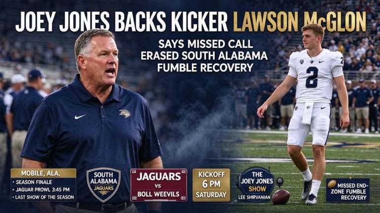 Illustration for the news story: Joey Jones Backs Kicker Lawson McGlon, Says Missed Call Erased South Alabama Fumble Recovery