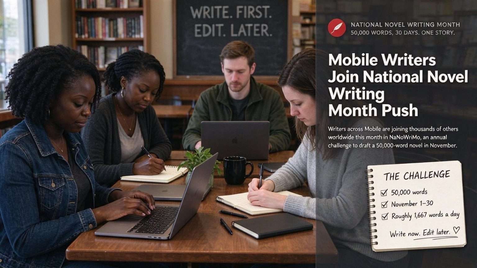 Illustration for the news story: Mobile Writers Join National Novel Writing Month Push