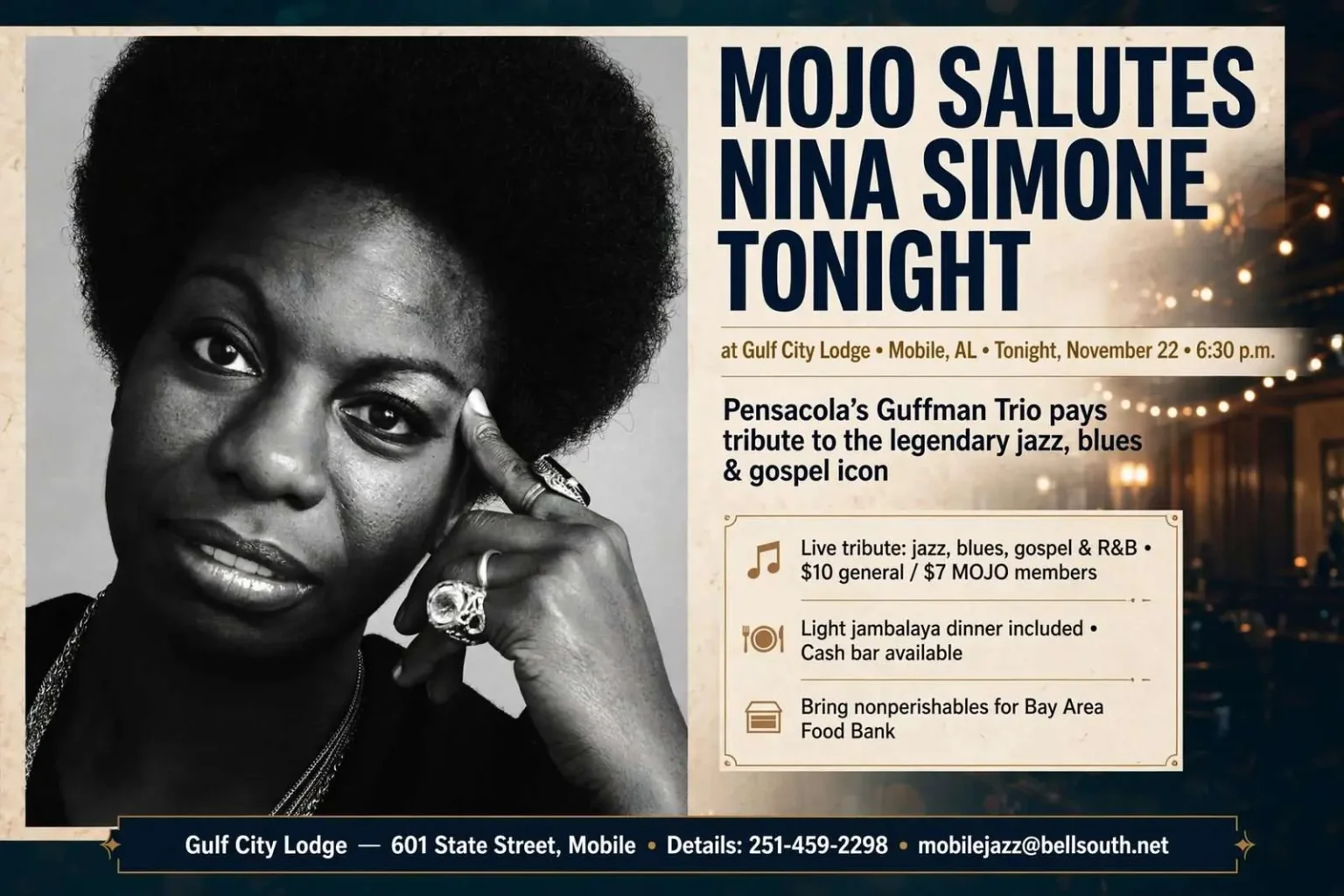 Illustration for the news story: MOJO Salutes Nina Simone Tonight at Gulf City Lodge
