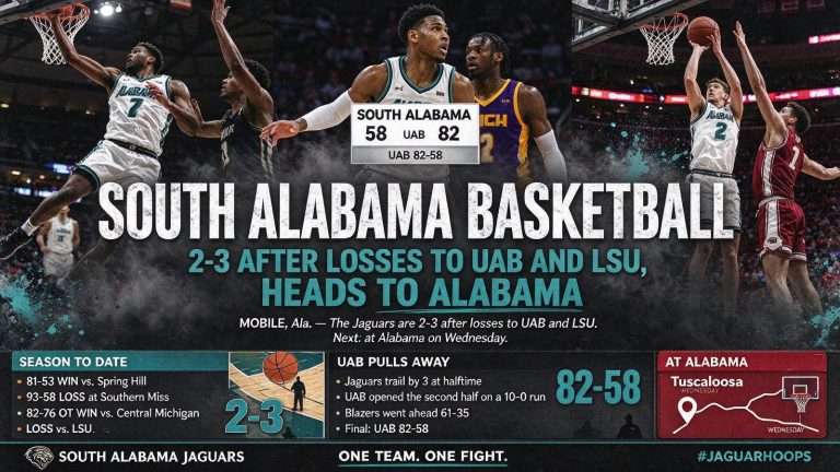 Illustration for the news story: South Alabama Basketball 2-3 After Losses to UAB and LSU, Heads to Alabama