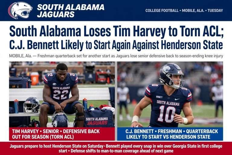 Illustration for the news story: South Alabama Loses Tim Harvey to Torn ACL; C.J. Bennett Likely to Start Again Against Henderson State
