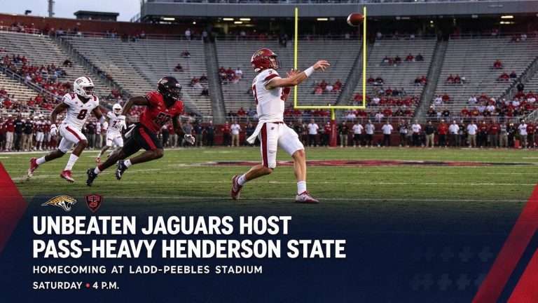 Illustration for the news story: Unbeaten South Alabama Hosts Pass-Heavy Henderson State in Homecoming Game at Ladd-Peebles Stadium