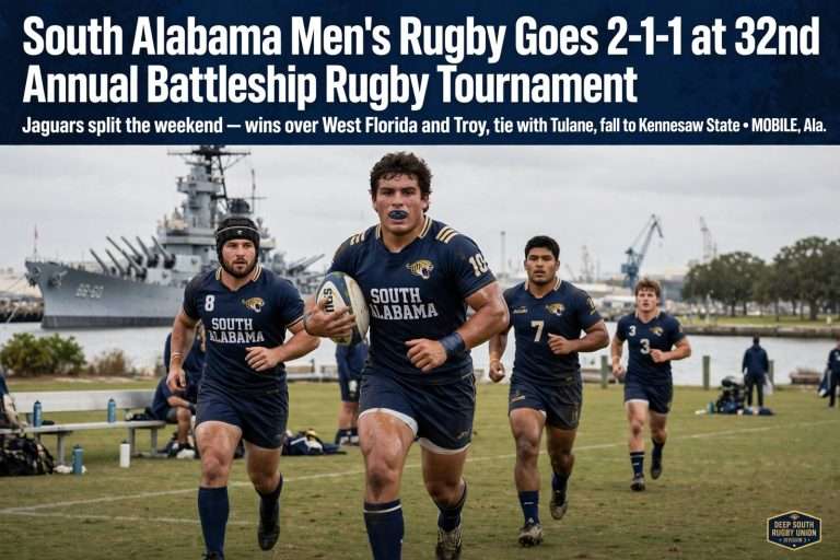 Illustration for the news story: South Alabama Men’s Rugby Goes 2-1-1 at 32nd Annual Battleship Rugby Tournament