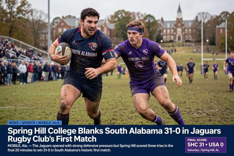 Illustration for the news story: Spring Hill College Blanks South Alabama 31-0 in Jaguars Rugby Club’s First Match