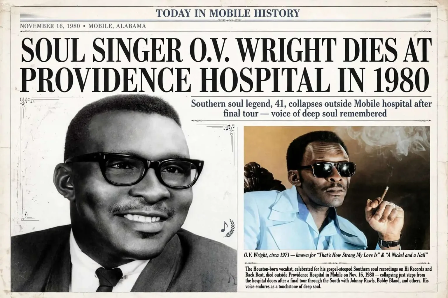 Illustration for the news story: Today in Mobile History: Soul Singer O.V. Wright Died at Providence Hospital in 1980