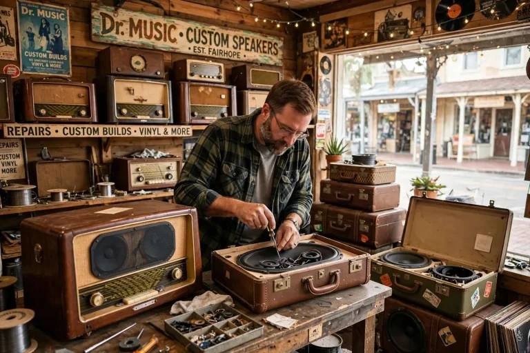Illustration for the news story: Fairhope Shop Turns Vintage Suitcases and Radios Into Custom Speakers