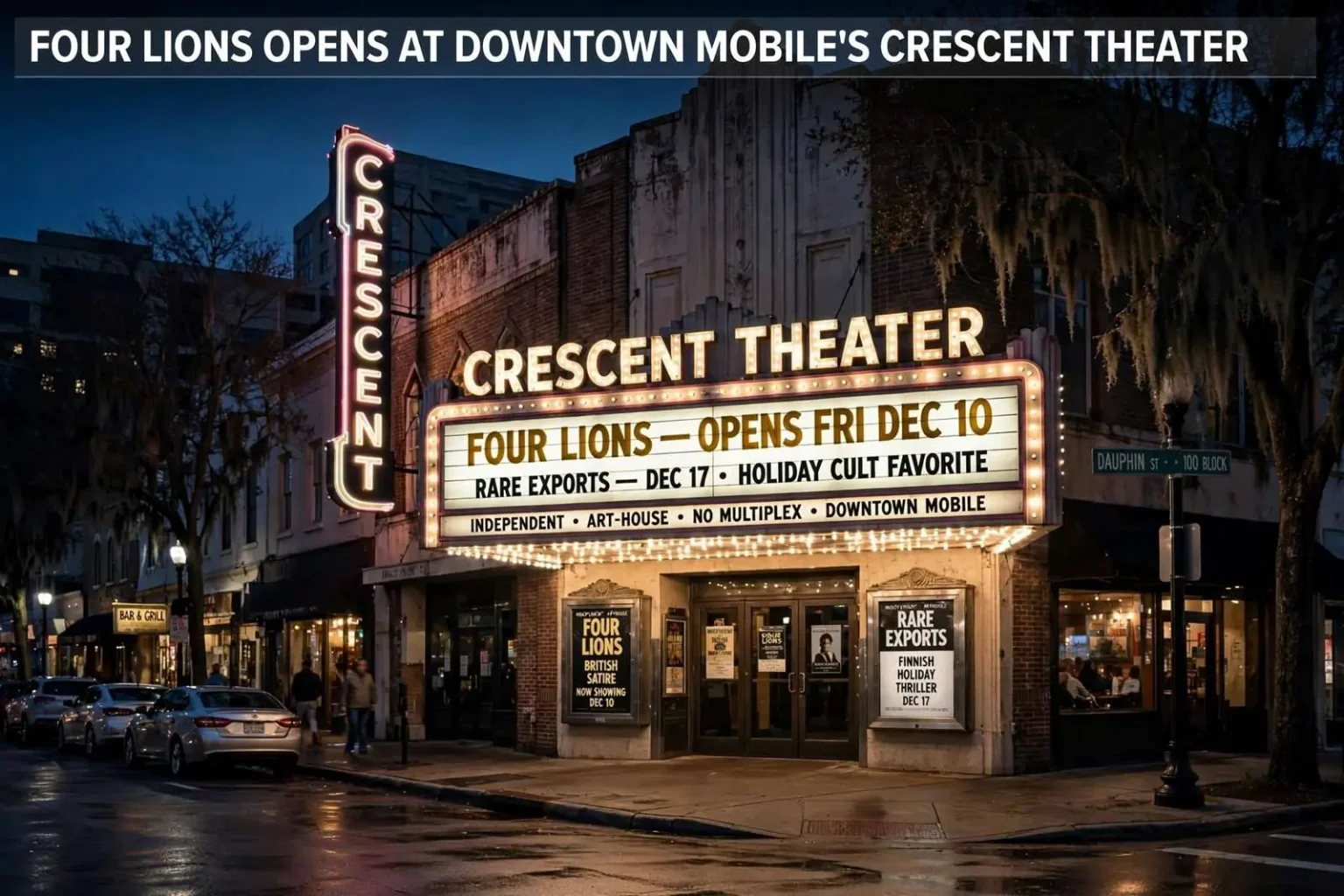 Illustration for the news story: Four Lions Opens at Downtown Mobile’s Crescent Theater
