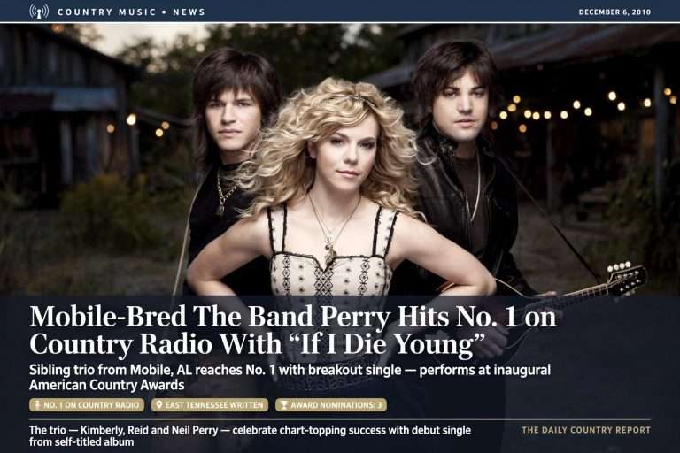 Illustration for the news story: Mobile-Bred The Band Perry Hits No. 1 on Country Radio With ‘If I Die Young’