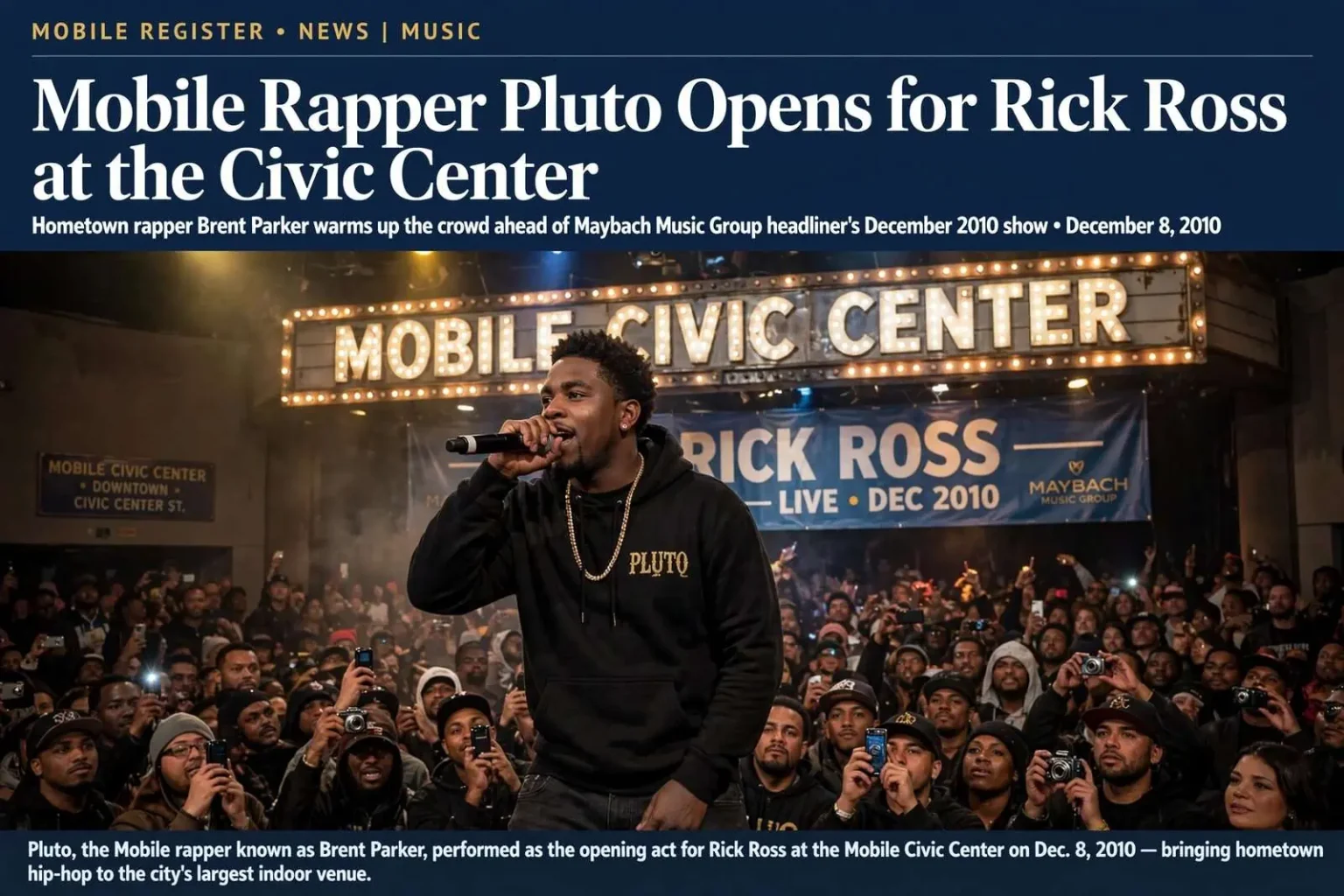 Illustration for the news story: Mobile Rapper Pluto Opens for Rick Ross at the Civic Center