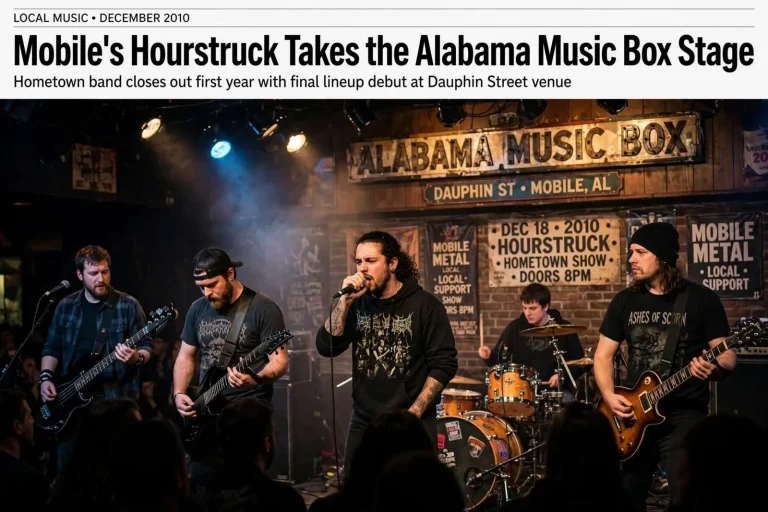 Illustration for the news story: Mobile’s Hourstruck Takes the Alabama Music Box Stage