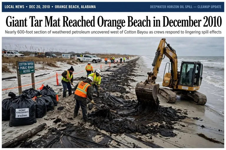 Illustration for the news story: Giant Tar Mat Reached Orange Beach in December 2010