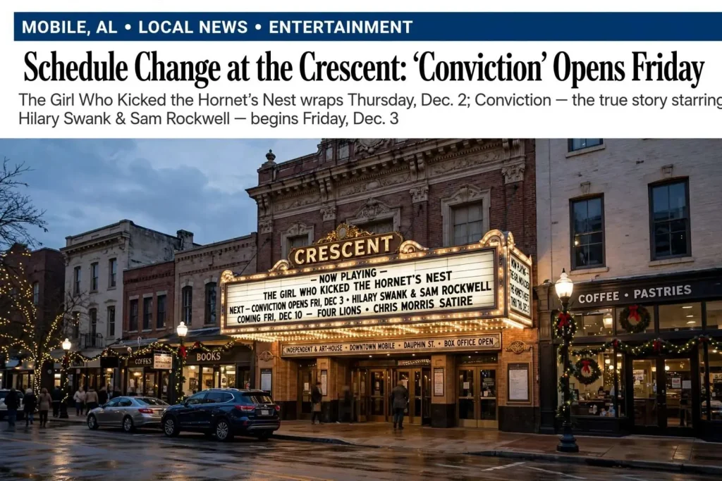 Illustration for the news story: Schedule Change at the Crescent: ‘Conviction’ Opens Friday