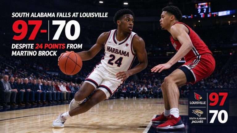 Illustration for the news story: South Alabama Falls at Louisville 97-70 Despite 24 Points From Martino Brock