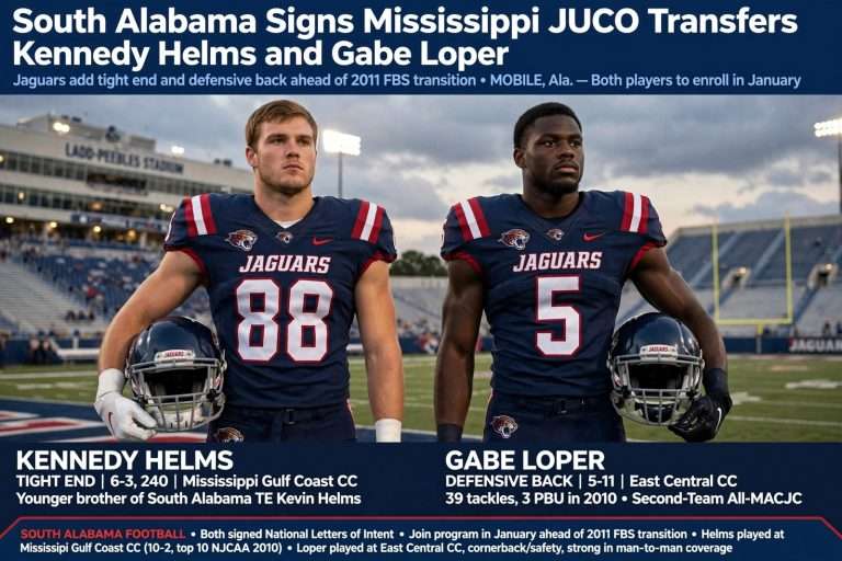 Illustration for the news story: South Alabama Signs Mississippi JUCO Transfers Kennedy Helms and Gabe Loper