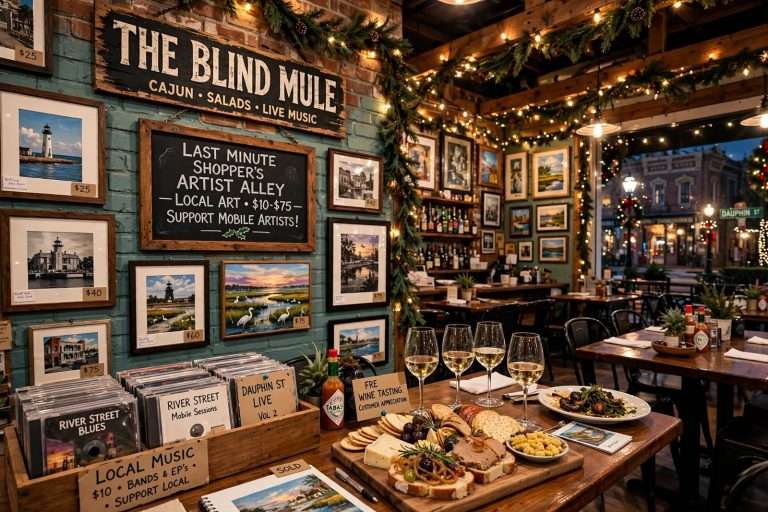 Illustration for the news story: The Blind Mule Pairs Local Art and Holiday Cheer in Downtown Mobile