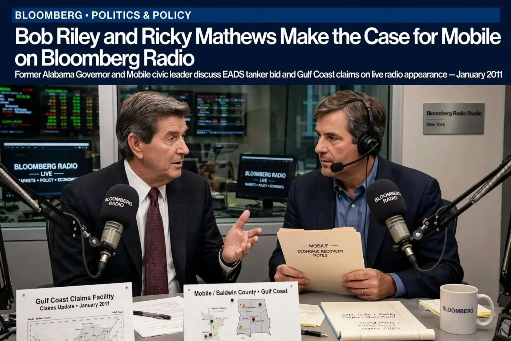 Illustration for the news story: Bob Riley and Ricky Mathews Make the Case for Mobile on Bloomberg Radio