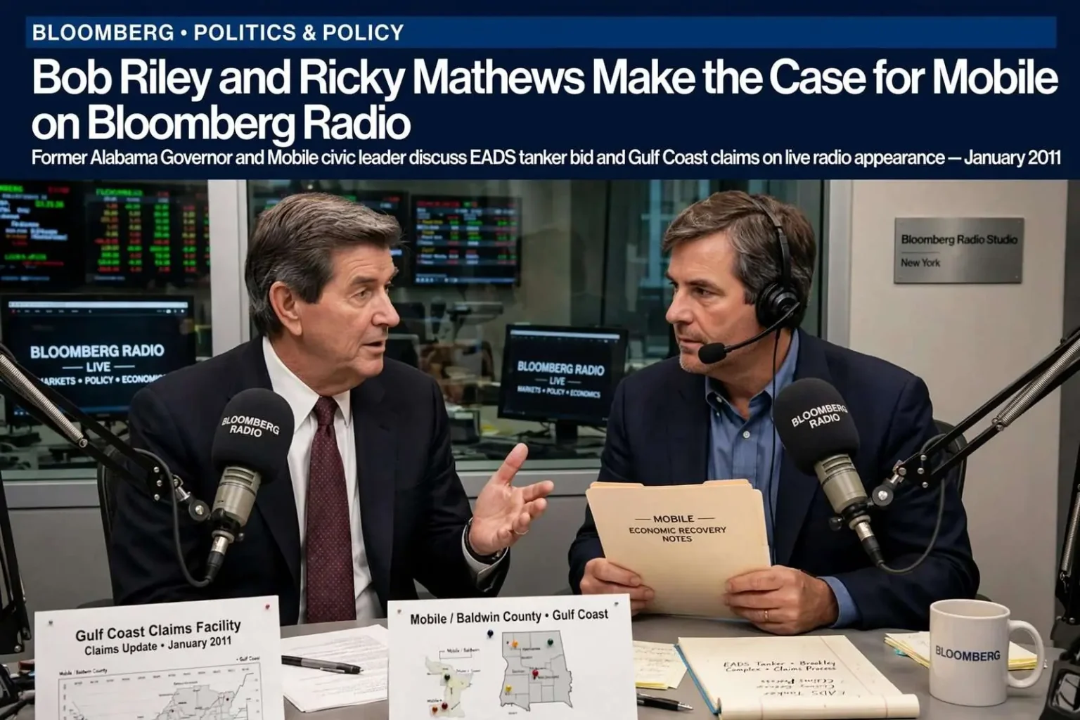 Illustration for the news story: Bob Riley and Ricky Mathews Make the Case for Mobile on Bloomberg Radio