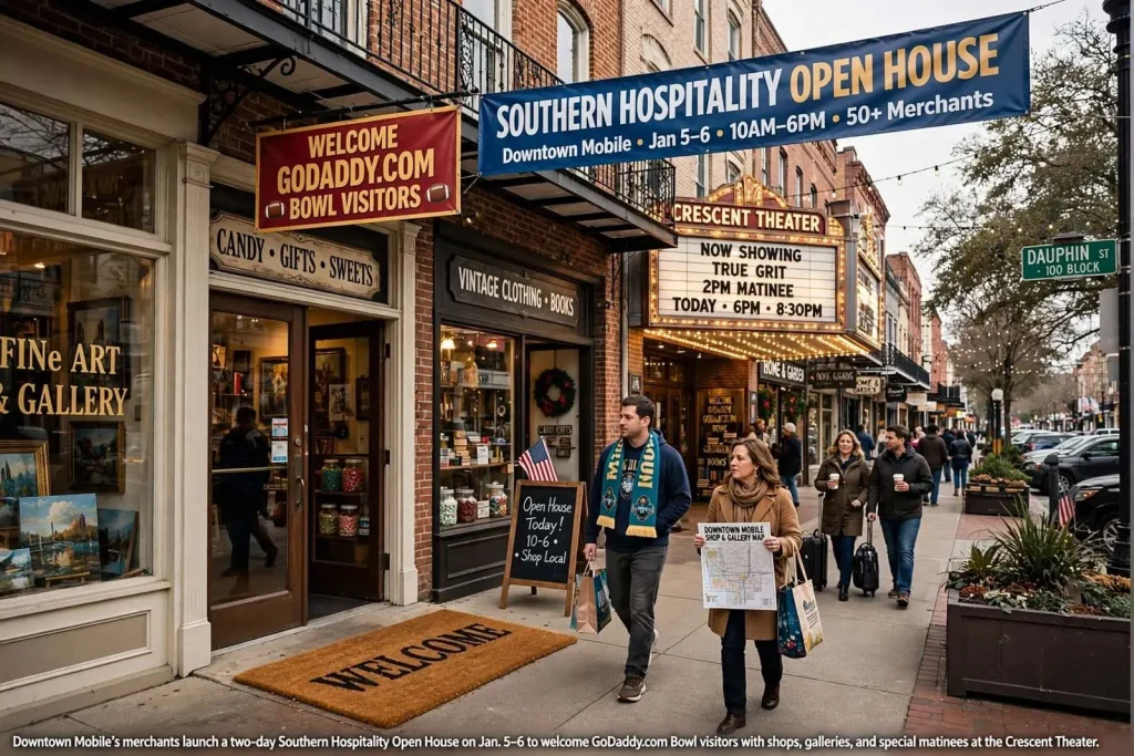 Illustration for the news story: Downtown Mobile Merchants Roll Out Welcome Mat for GoDaddy Bowl Visitors