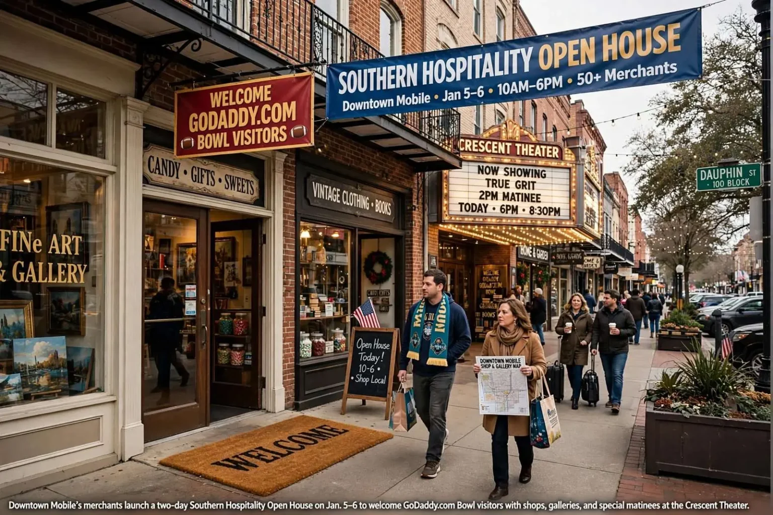 Illustration for the news story: Downtown Mobile Merchants Roll Out Welcome Mat for GoDaddy Bowl Visitors