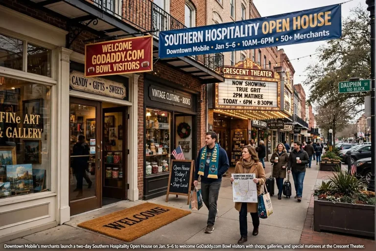 Illustration for the news story: Downtown Mobile Merchants Roll Out Welcome Mat for GoDaddy Bowl Visitors