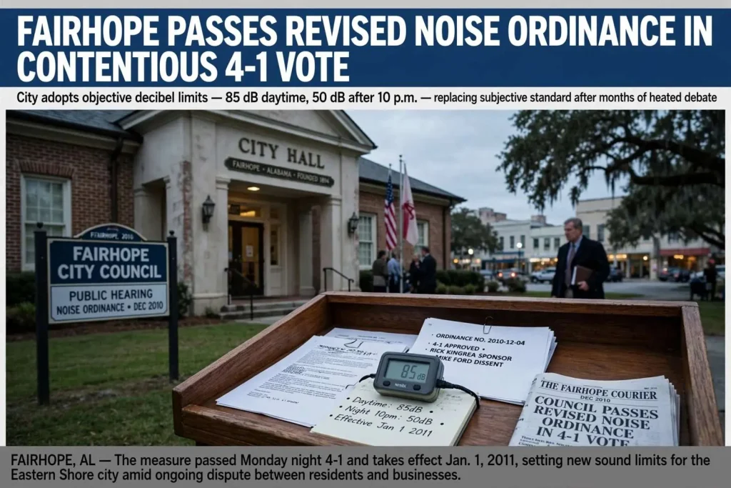 Illustration for the news story: Fairhope Passes Revised Noise Ordinance in Contentious 4-1 Vote